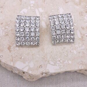 Clear Rhinestone Rectangle Bling Silver Tone Earrings